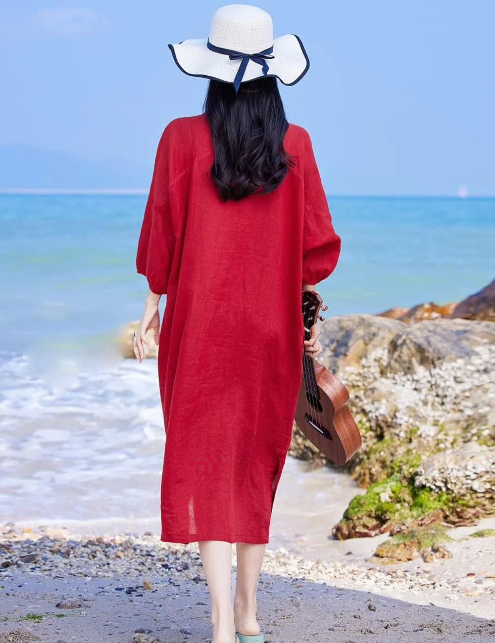 NFYM Women's Embroidered Linen Dress Puff Sleeve Midi Casual Plus Size Loose Baggy Clothing with Pockets