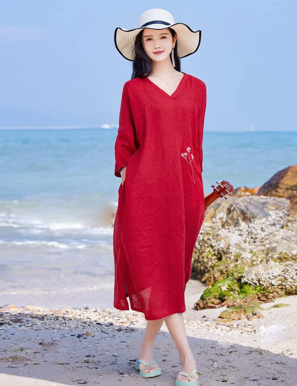 NFYM Women's Embroidered Linen Dress Puff Sleeve Midi Casual Plus Size Loose Baggy Clothing with Pockets
