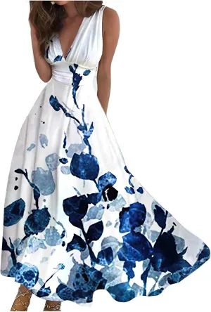 Palaver Summer Dresses for Women 2025 Elegant Wrap V Neck Sleeveless Maxi Dress Casual Print Flowy Beach Sundresses
