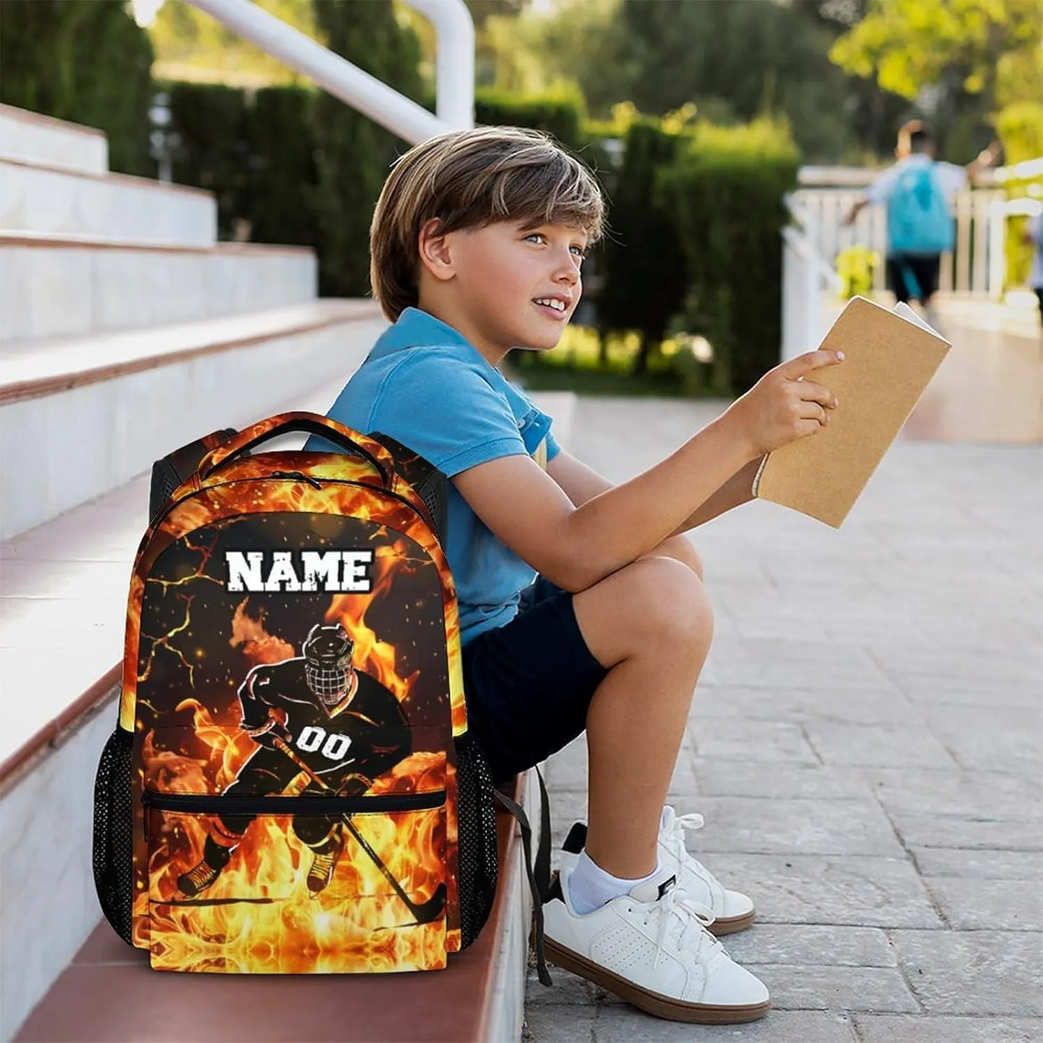 Personalized Boys Backpack, Custom Ice Hockey Player Backpacks with Name for Kids Students Sport Lovers, 17 Inches Lightweight Large Capacity Bookbag for Travel