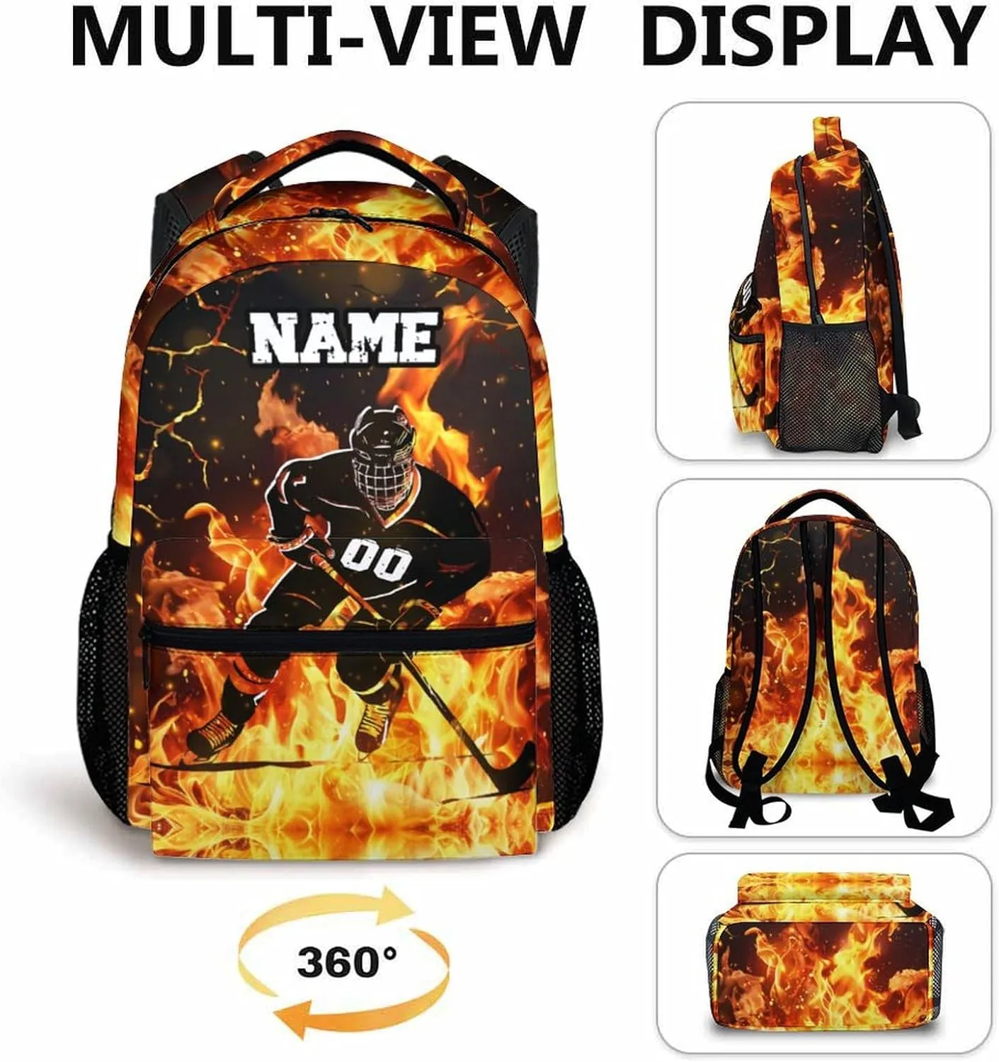 Personalized Boys Backpack, Custom Ice Hockey Player Backpacks with Name for Kids Students Sport Lovers, 17 Inches Lightweight Large Capacity Bookbag for Travel