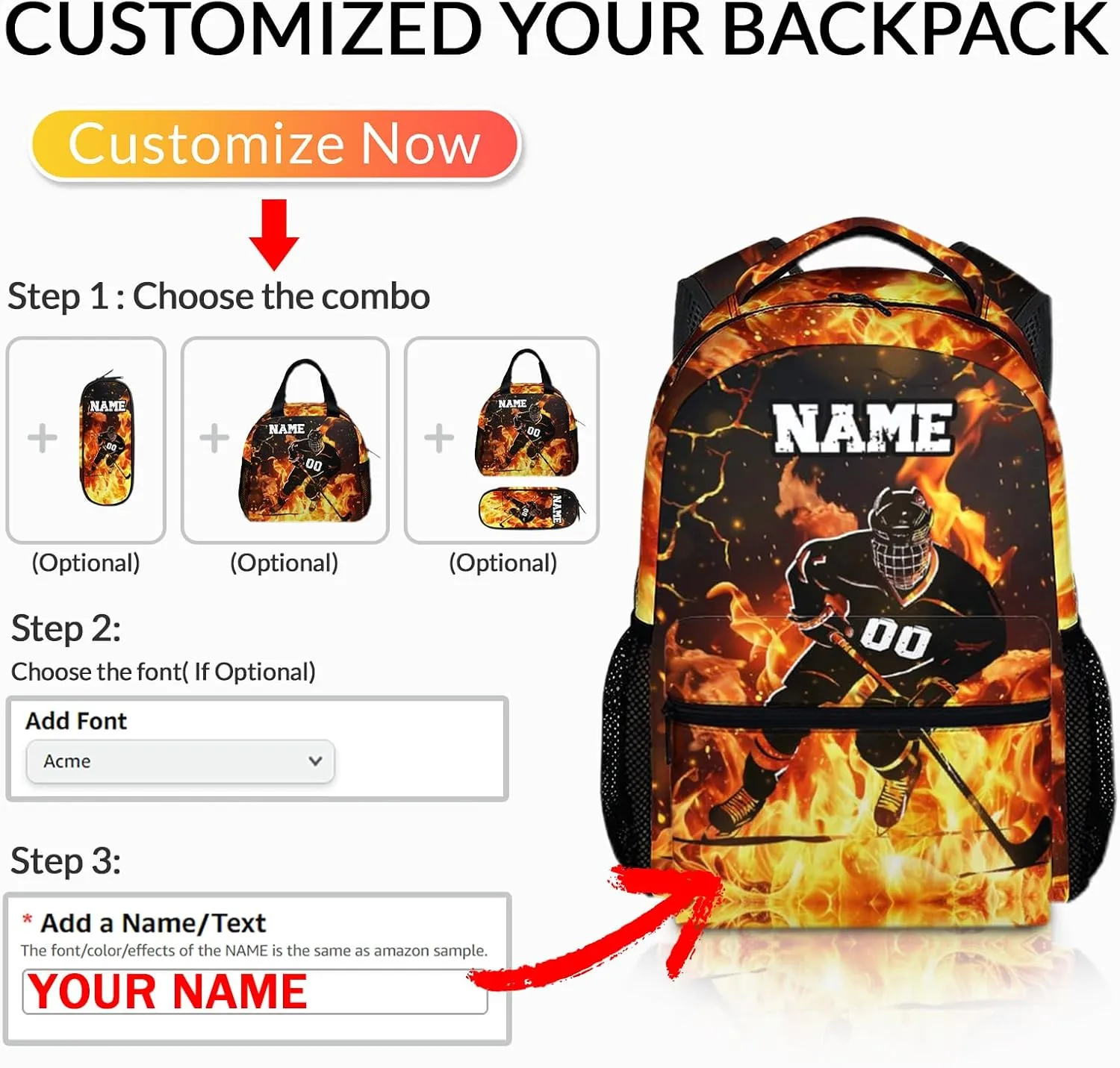 Personalized Boys Backpack, Custom Ice Hockey Player Backpacks with Name for Kids Students Sport Lovers, 17 Inches Lightweight Large Capacity Bookbag for Travel