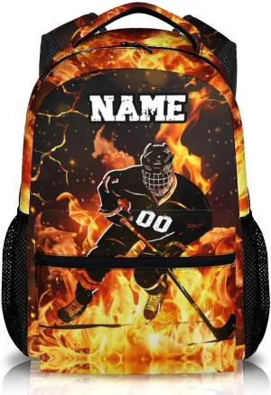 Personalized Boys Backpack, Custom Ice Hockey Player Backpacks with Name for Kids Students Sport Lovers, 17 Inches Lightweight Large Capacity Bookbag for Travel