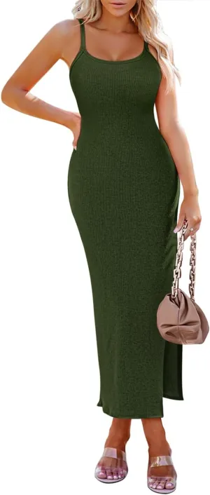 Pink Queen Women's Sleeveless Bodycon Slip Dress Spaghetti Strap Backless Ribbed Split Maxi Long Dresses