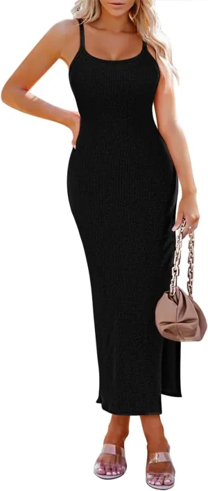 Pink Queen Women's Sleeveless Bodycon Slip Dress Spaghetti Strap Backless Ribbed Split Maxi Long Dresses