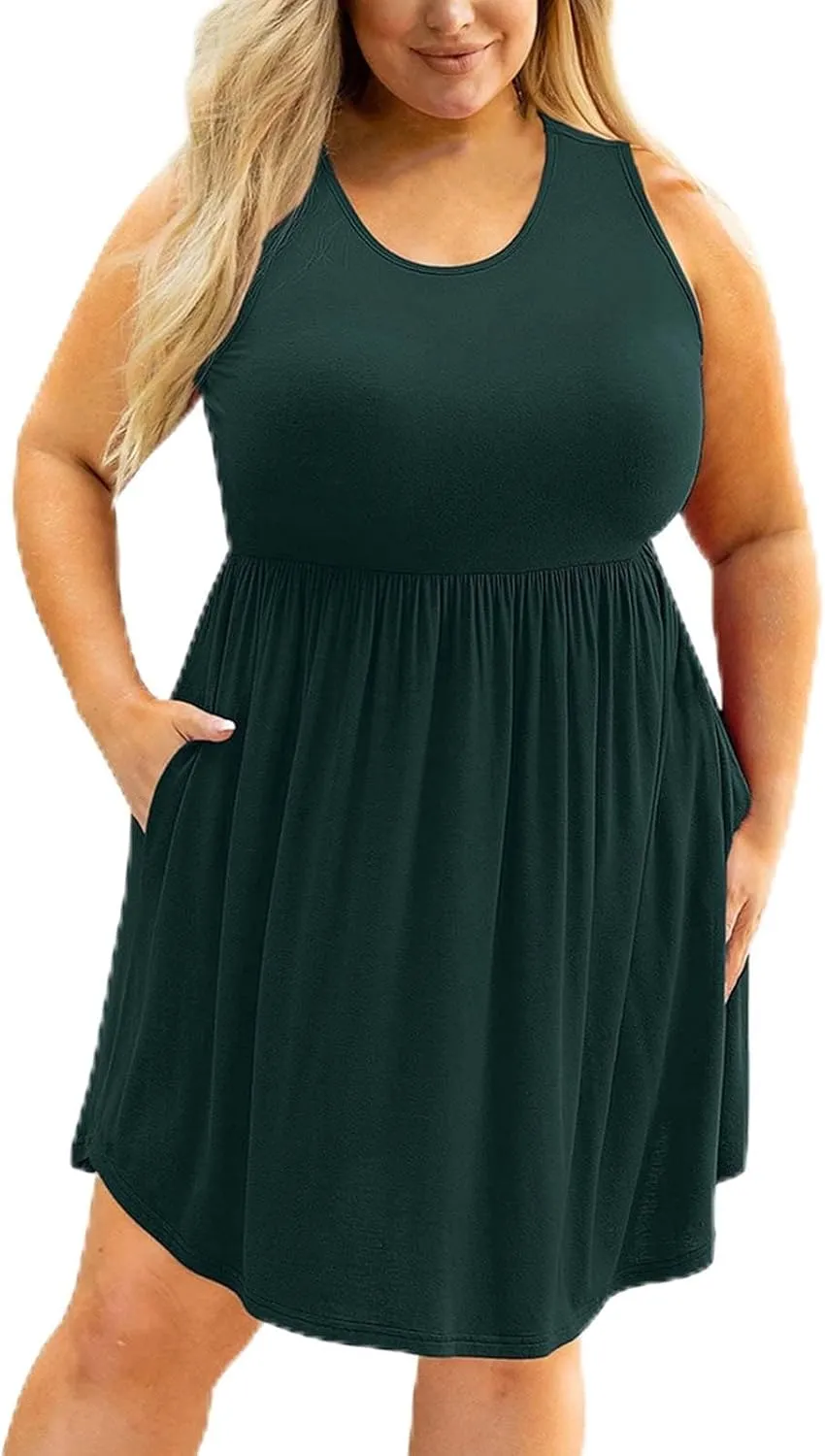 Plus Size Casual Dresses for Women Summer Sleeveless A Line Ruffle Hem Dresses Solid Color Empire Waist Sundress