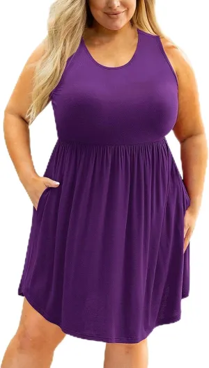 Plus Size Casual Dresses for Women Summer Sleeveless A Line Ruffle Hem Dresses Solid Color Empire Waist Sundress