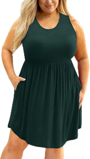 Plus Size Casual Dresses for Women Summer Sleeveless A Line Ruffle Hem Dresses Solid Color Empire Waist Sundress