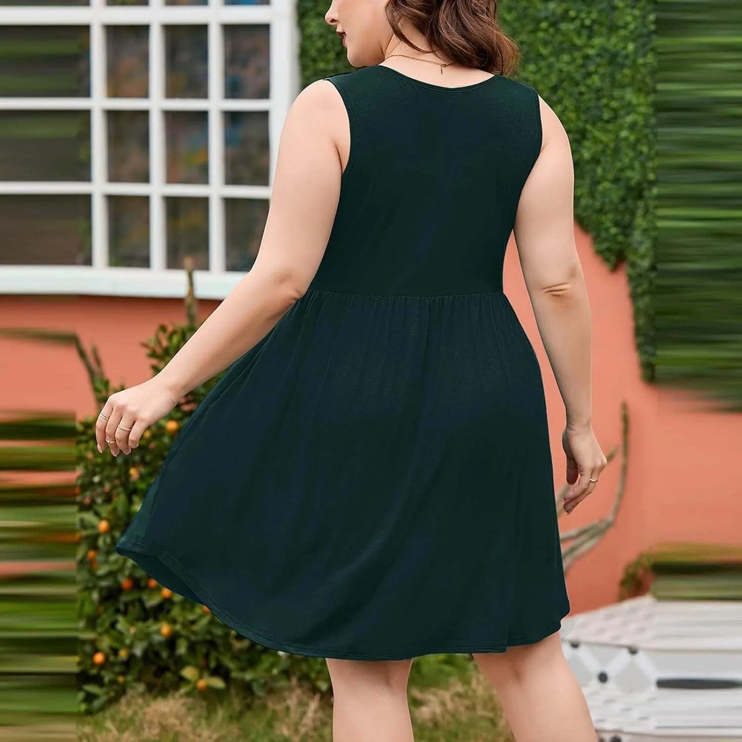 Plus Size Casual Dresses for Women Summer Sleeveless A Line Ruffle Hem Dresses Solid Color Empire Waist Sundress