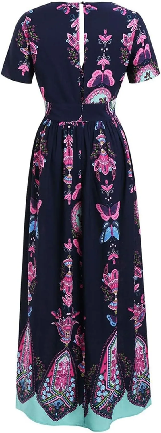Plus Size Fashion Women Butterfly Printed V-Neck Short Sleeve Casual Long Dress