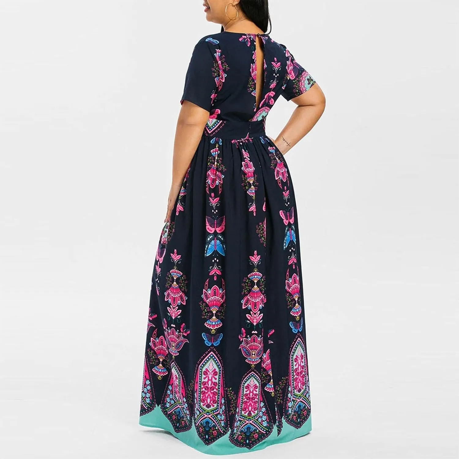 Plus Size Fashion Women Butterfly Printed V-Neck Short Sleeve Casual Long Dress