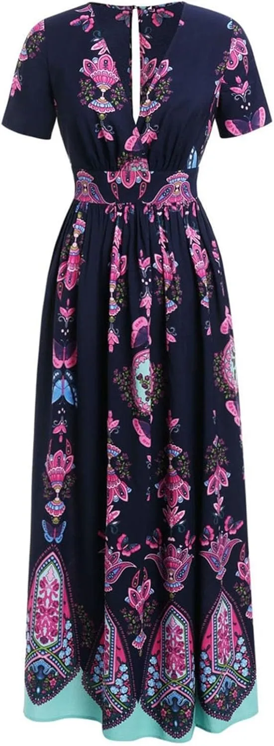 Plus Size Fashion Women Butterfly Printed V-Neck Short Sleeve Casual Long Dress