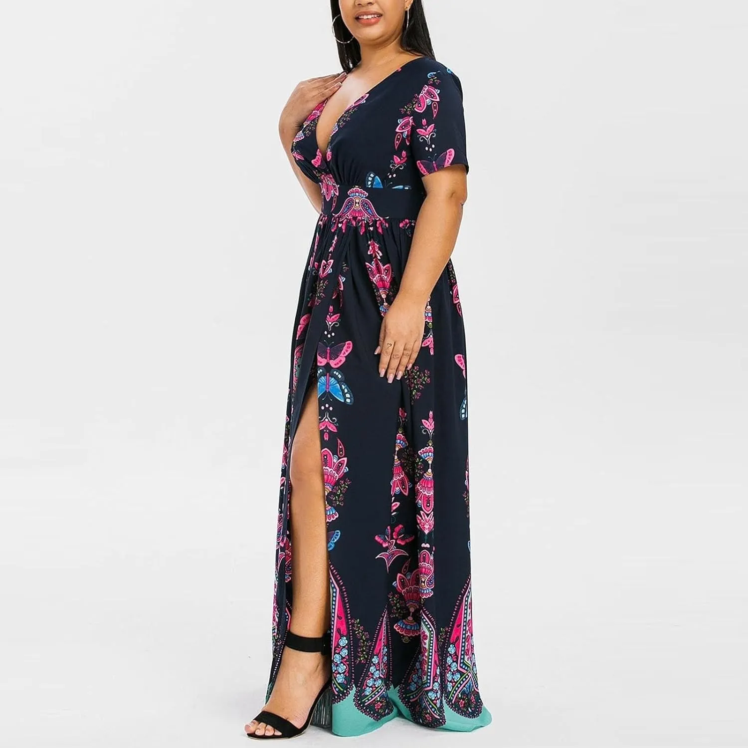 Plus Size Fashion Women Butterfly Printed V-Neck Short Sleeve Casual Long Dress