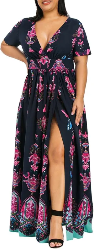 Plus Size Fashion Women Butterfly Printed V-Neck Short Sleeve Casual Long Dress