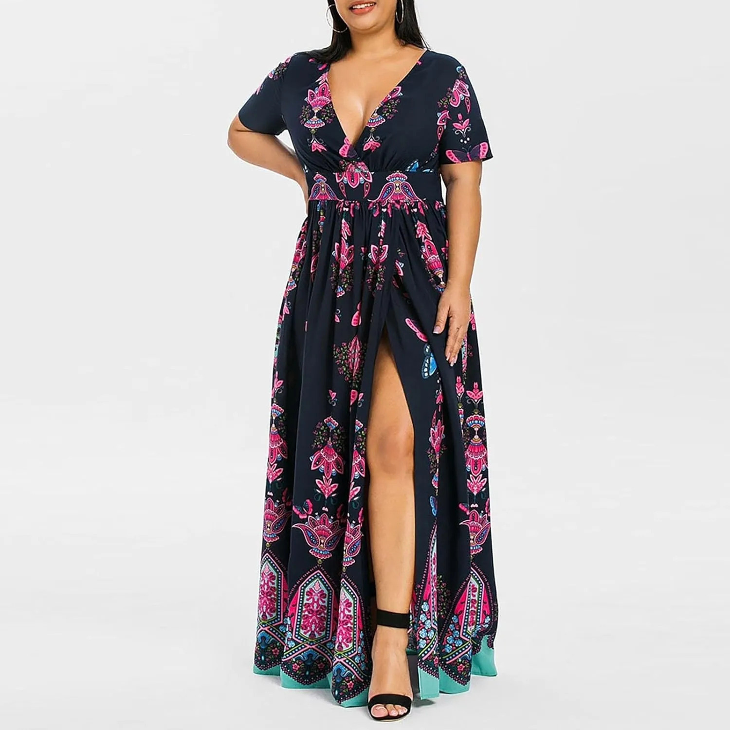 Plus Size Fashion Women Butterfly Printed V-Neck Short Sleeve Casual Long Dress