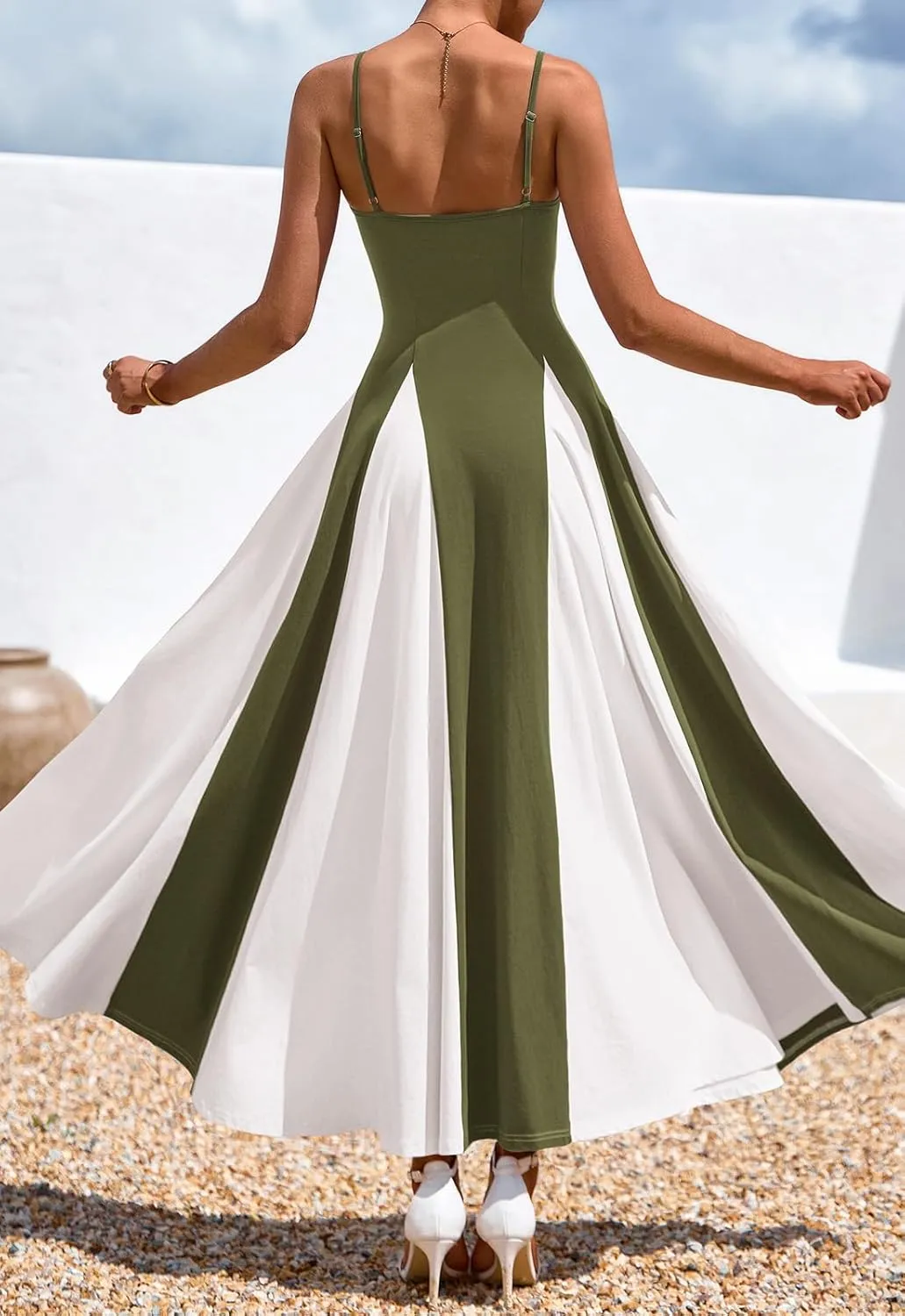 PRETTYGARDEN Spaghetti Strap Color Block Spring Dresses for Women 2025 Trendy Sleeveless Maxi Dress Flowy Prom Dresses