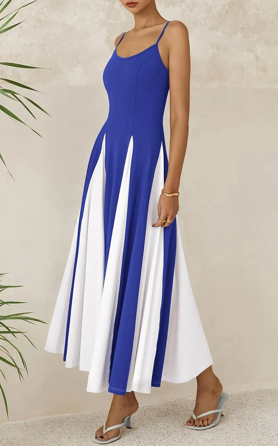 PRETTYGARDEN Spaghetti Strap Color Block Spring Dresses for Women 2025 Trendy Sleeveless Maxi Dress Flowy Prom Dresses