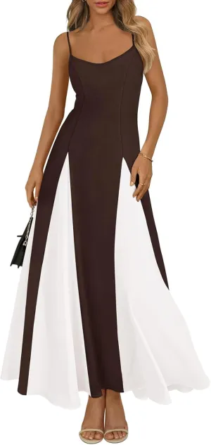 PRETTYGARDEN Spaghetti Strap Color Block Spring Dresses for Women 2025 Trendy Sleeveless Maxi Dress Flowy Prom Dresses