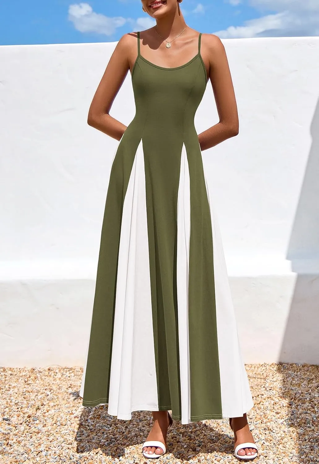 PRETTYGARDEN Spaghetti Strap Color Block Spring Dresses for Women 2025 Trendy Sleeveless Maxi Dress Flowy Prom Dresses
