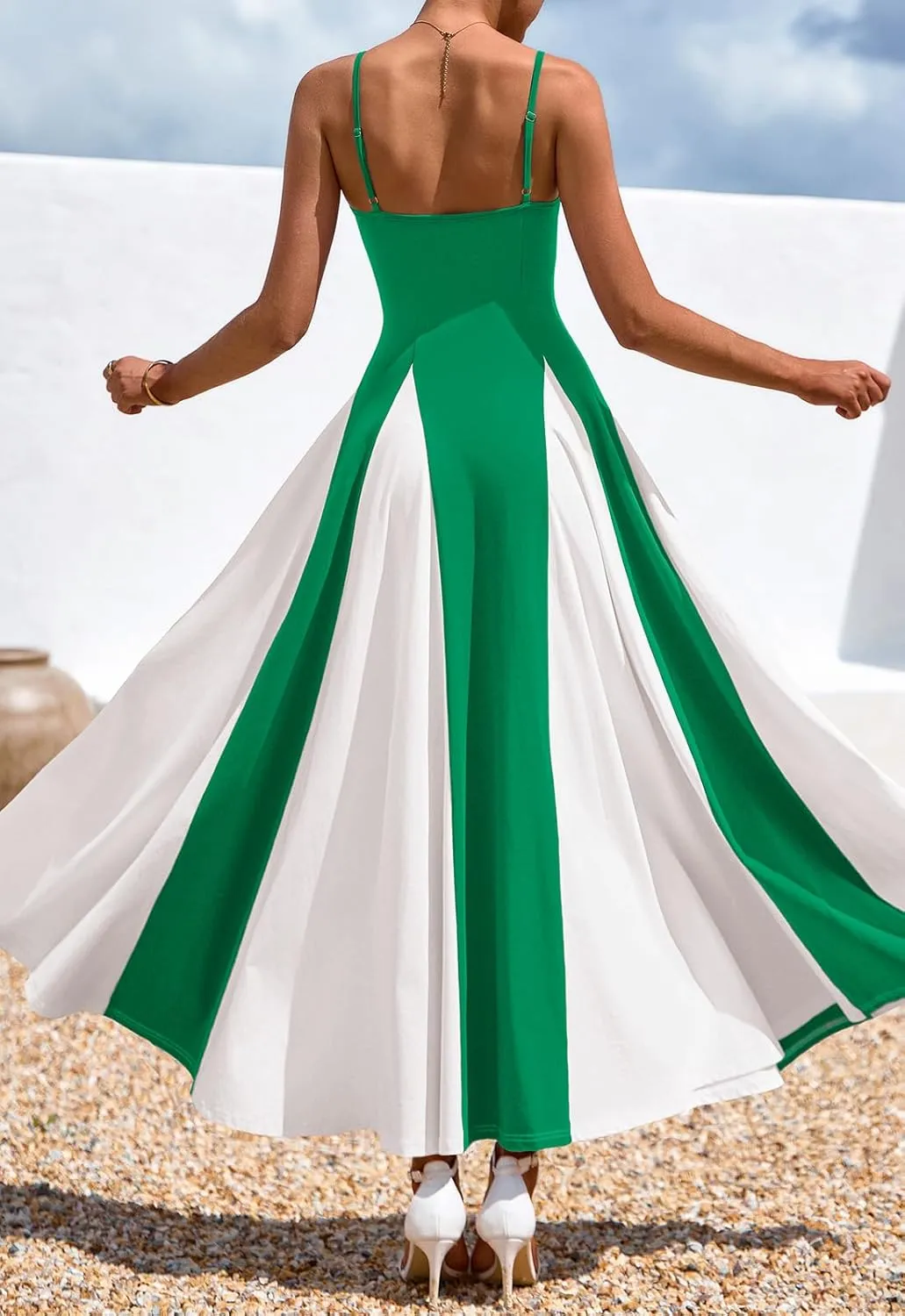 PRETTYGARDEN Spaghetti Strap Color Block Spring Dresses for Women 2025 Trendy Sleeveless Maxi Dress Flowy Prom Dresses