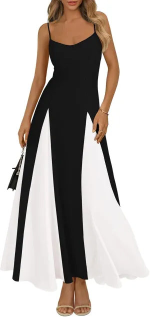 PRETTYGARDEN Spaghetti Strap Color Block Spring Dresses for Women 2025 Trendy Sleeveless Maxi Dress Flowy Prom Dresses