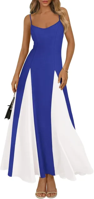 PRETTYGARDEN Spaghetti Strap Color Block Spring Dresses for Women 2025 Trendy Sleeveless Maxi Dress Flowy Prom Dresses