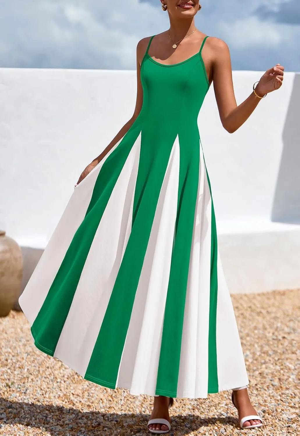 PRETTYGARDEN Spaghetti Strap Color Block Spring Dresses for Women 2025 Trendy Sleeveless Maxi Dress Flowy Prom Dresses