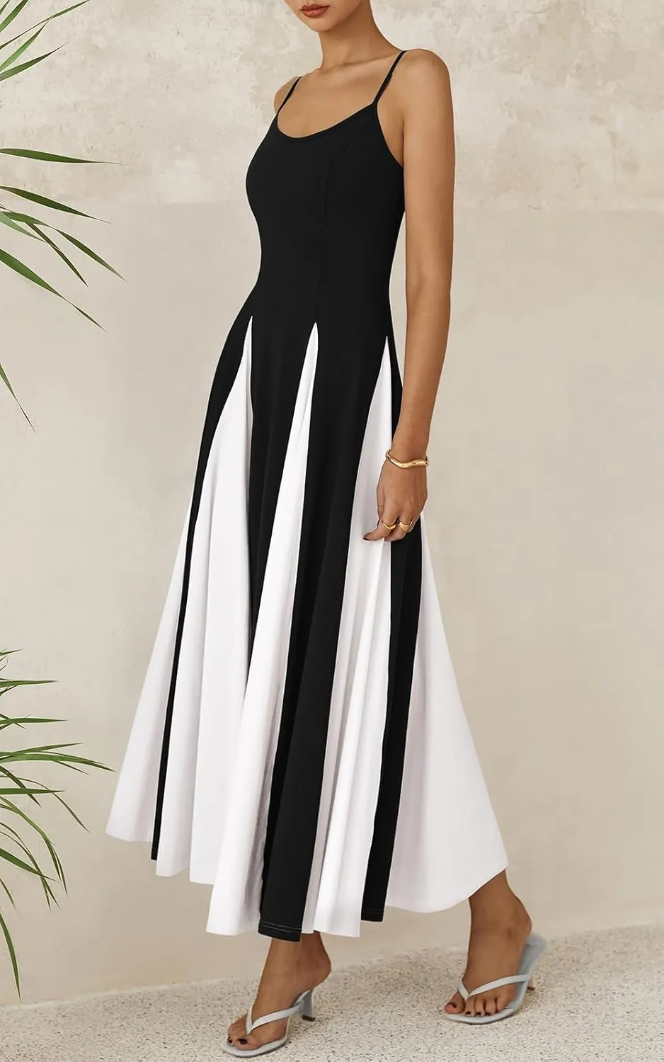 PRETTYGARDEN Spaghetti Strap Color Block Spring Dresses for Women 2025 Trendy Sleeveless Maxi Dress Flowy Prom Dresses