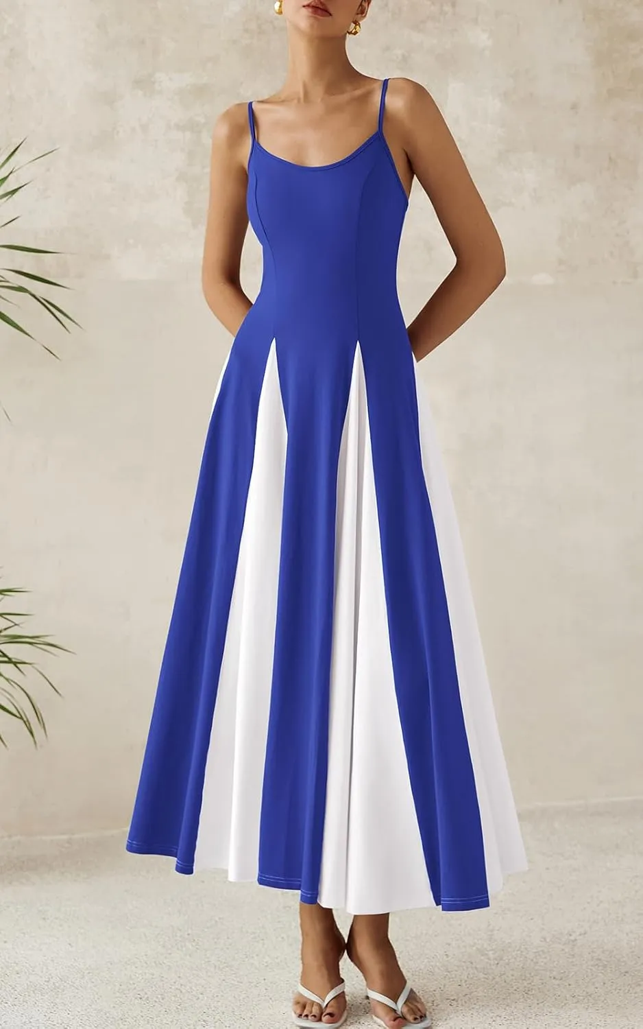 PRETTYGARDEN Spaghetti Strap Color Block Spring Dresses for Women 2025 Trendy Sleeveless Maxi Dress Flowy Prom Dresses