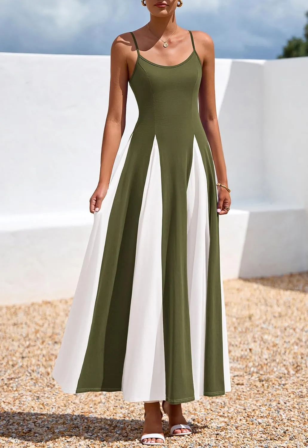 PRETTYGARDEN Spaghetti Strap Color Block Spring Dresses for Women 2025 Trendy Sleeveless Maxi Dress Flowy Prom Dresses