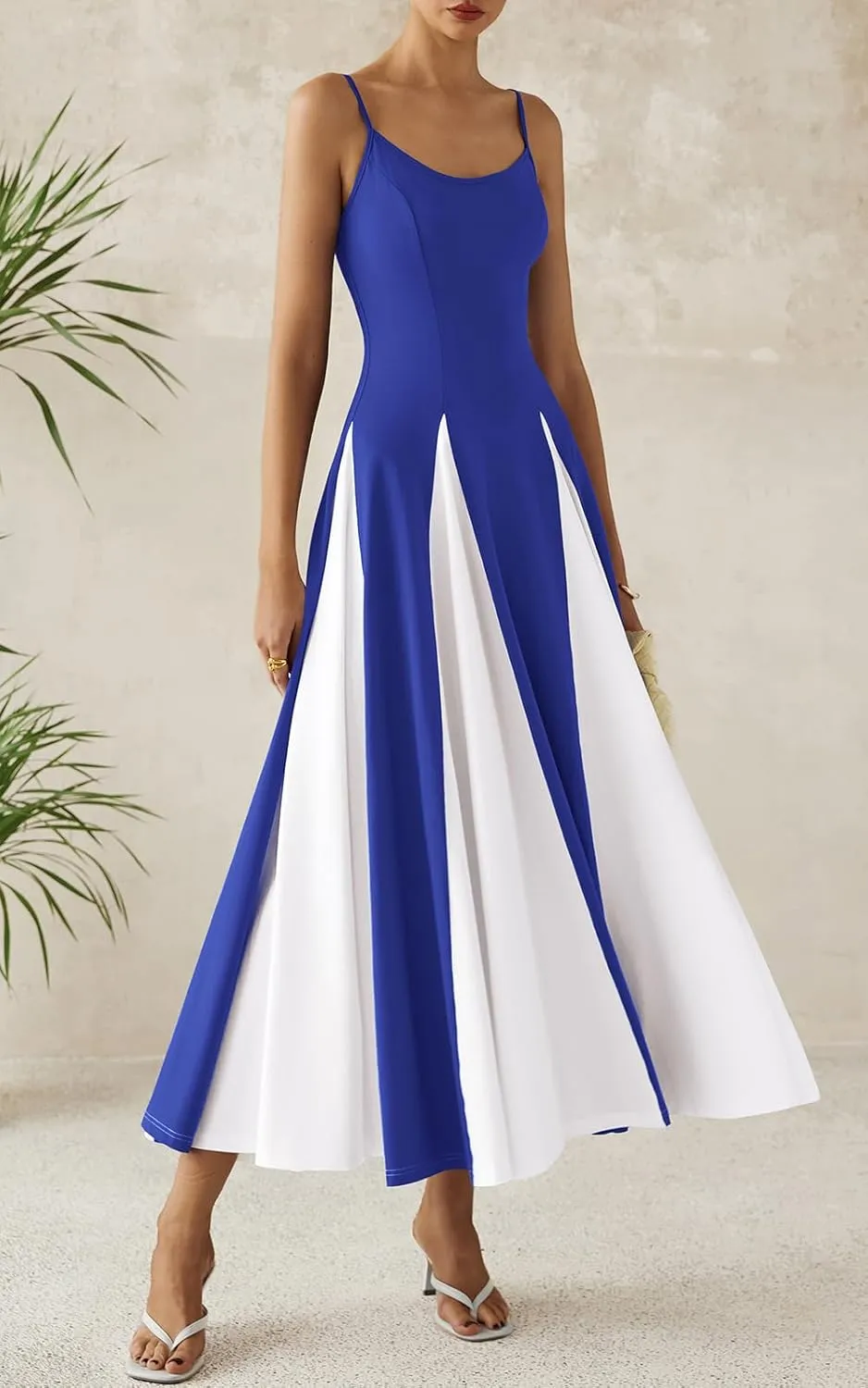 PRETTYGARDEN Spaghetti Strap Color Block Spring Dresses for Women 2025 Trendy Sleeveless Maxi Dress Flowy Prom Dresses