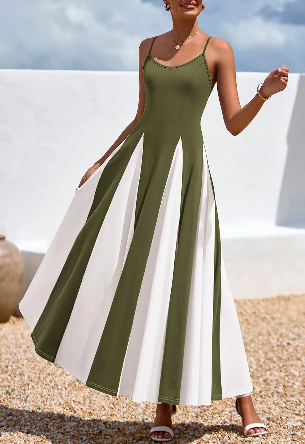 PRETTYGARDEN Spaghetti Strap Color Block Spring Dresses for Women 2025 Trendy Sleeveless Maxi Dress Flowy Prom Dresses