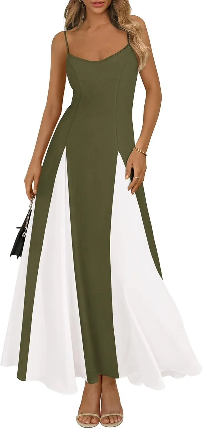 PRETTYGARDEN Spaghetti Strap Color Block Spring Dresses for Women 2025 Trendy Sleeveless Maxi Dress Flowy Prom Dresses