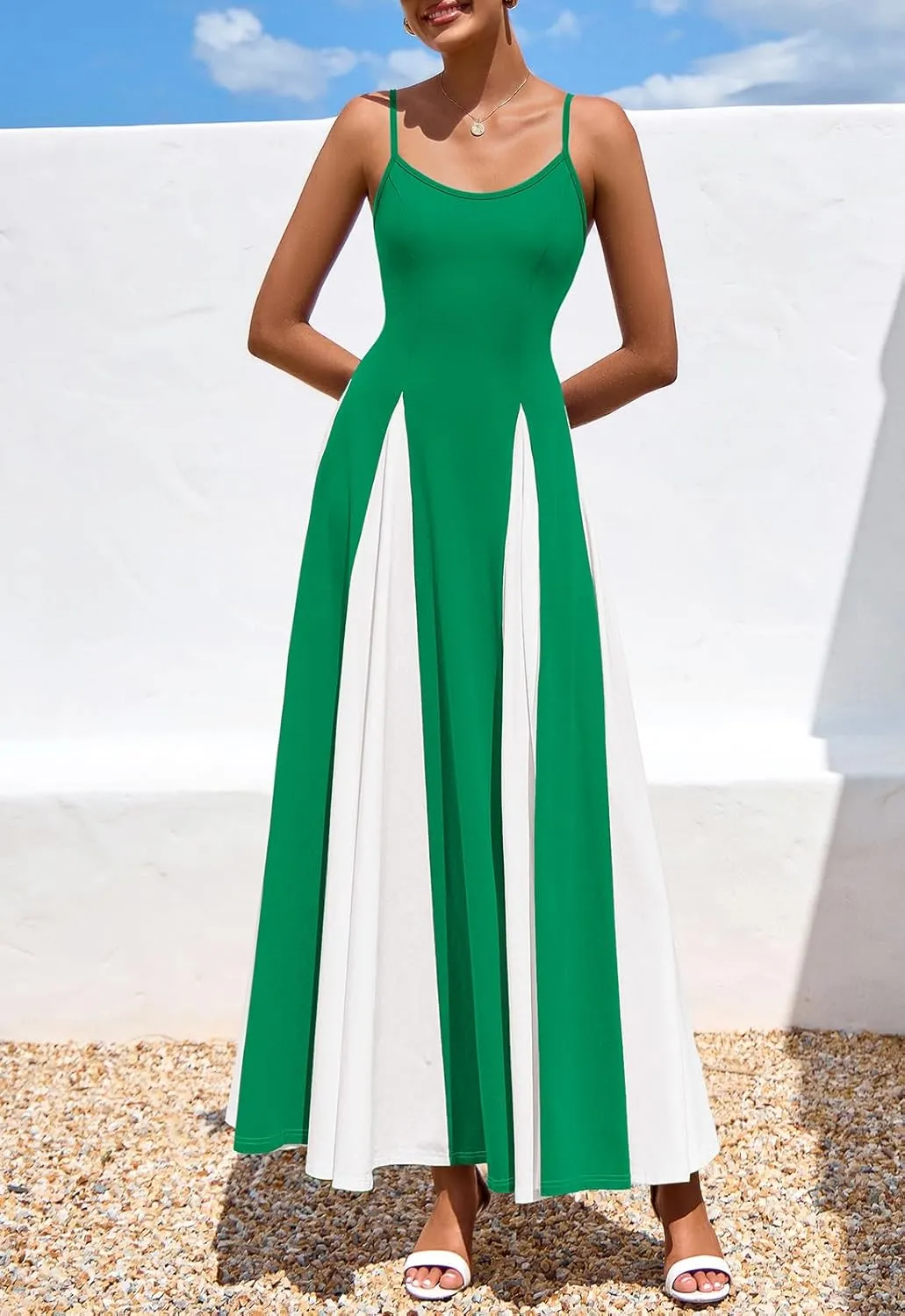 PRETTYGARDEN Spaghetti Strap Color Block Spring Dresses for Women 2025 Trendy Sleeveless Maxi Dress Flowy Prom Dresses