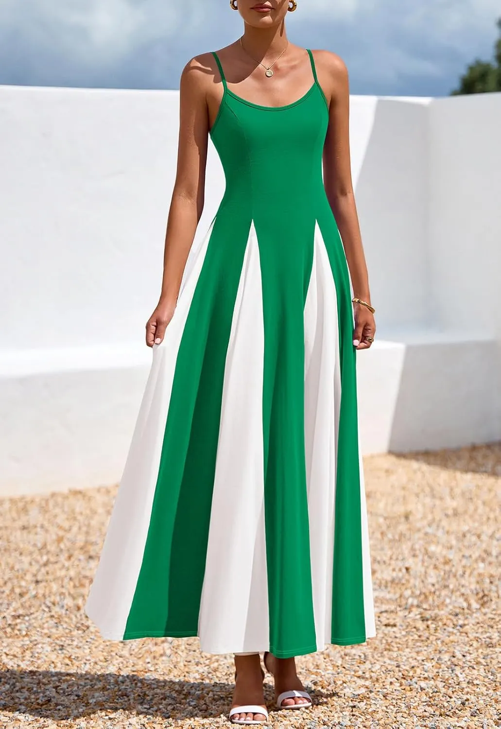 PRETTYGARDEN Spaghetti Strap Color Block Spring Dresses for Women 2025 Trendy Sleeveless Maxi Dress Flowy Prom Dresses