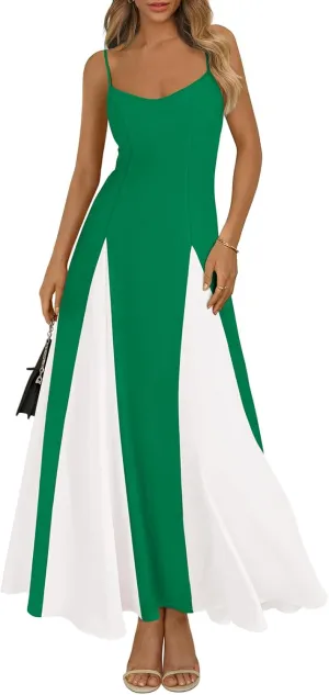 PRETTYGARDEN Spaghetti Strap Color Block Spring Dresses for Women 2025 Trendy Sleeveless Maxi Dress Flowy Prom Dresses