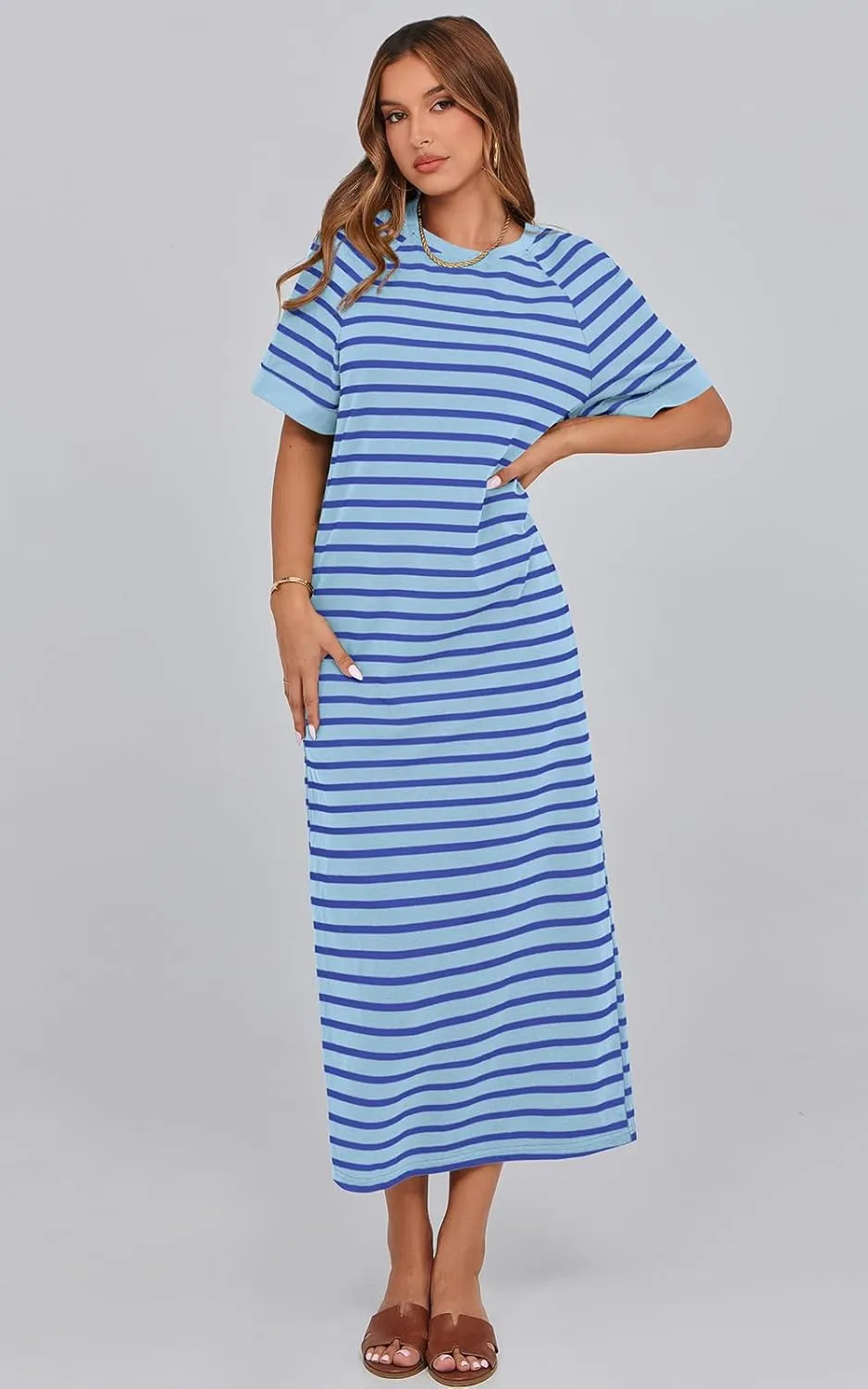 PRETTYGARDEN Women's Summer Casual T Shirt Dresses Short Sleeve Striped Slit Maxi Dress Color Block Long Dress with Pocket
