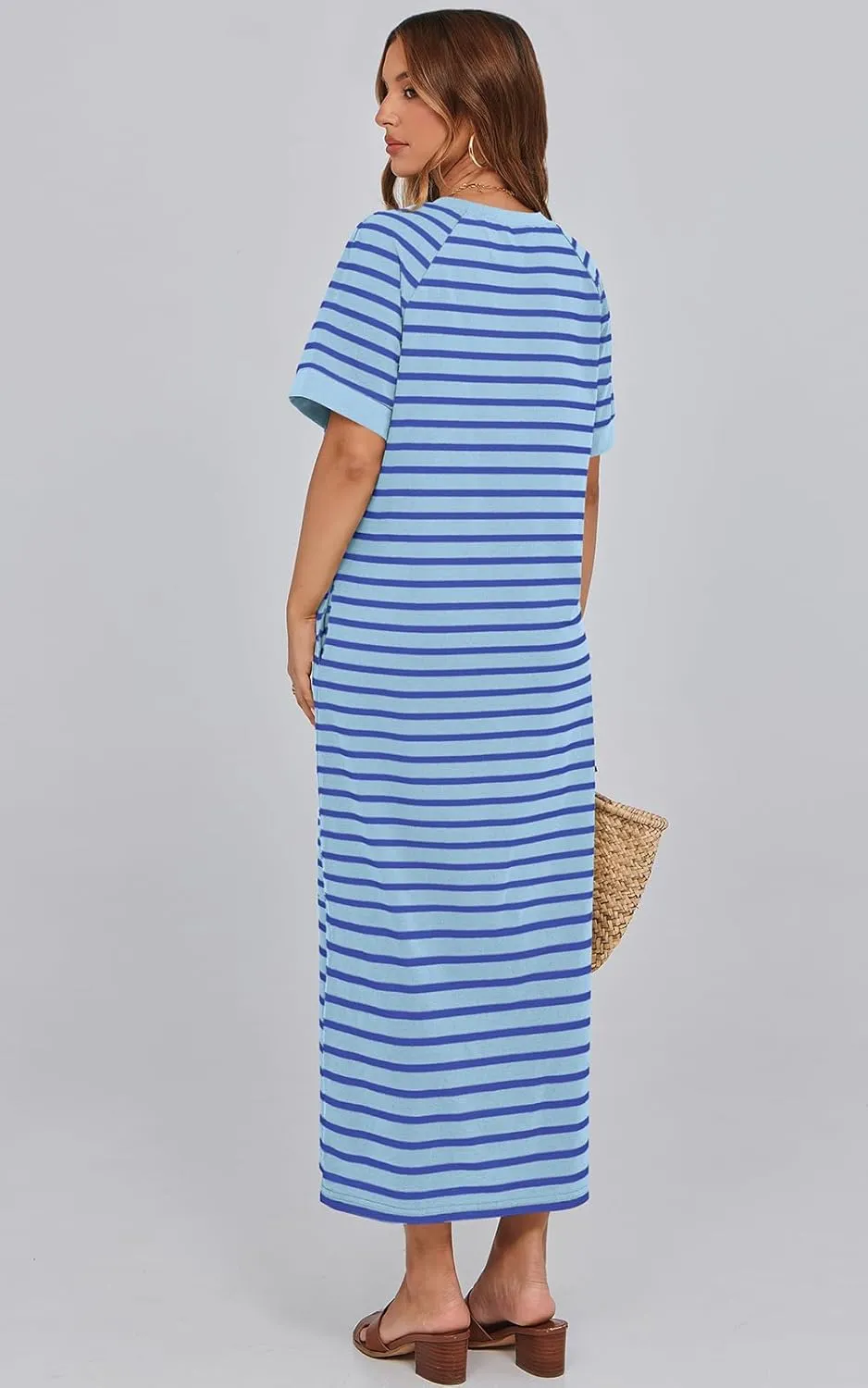 PRETTYGARDEN Women's Summer Casual T Shirt Dresses Short Sleeve Striped Slit Maxi Dress Color Block Long Dress with Pocket
