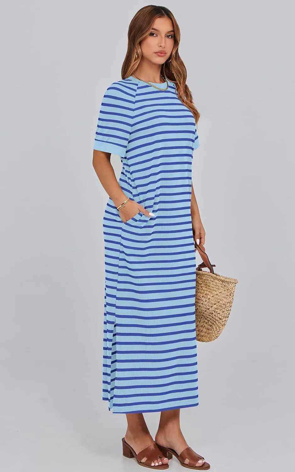 PRETTYGARDEN Women's Summer Casual T Shirt Dresses Short Sleeve Striped Slit Maxi Dress Color Block Long Dress with Pocket