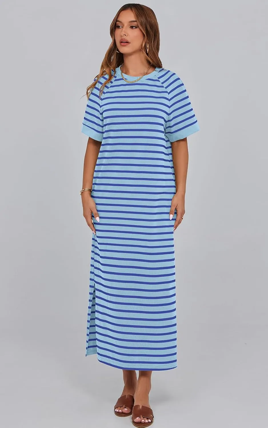 PRETTYGARDEN Women's Summer Casual T Shirt Dresses Short Sleeve Striped Slit Maxi Dress Color Block Long Dress with Pocket