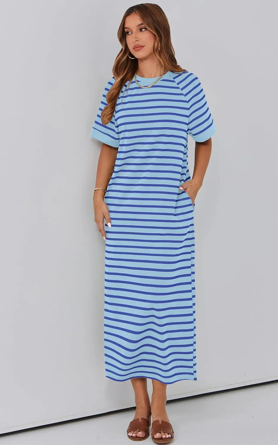 PRETTYGARDEN Women's Summer Casual T Shirt Dresses Short Sleeve Striped Slit Maxi Dress Color Block Long Dress with Pocket