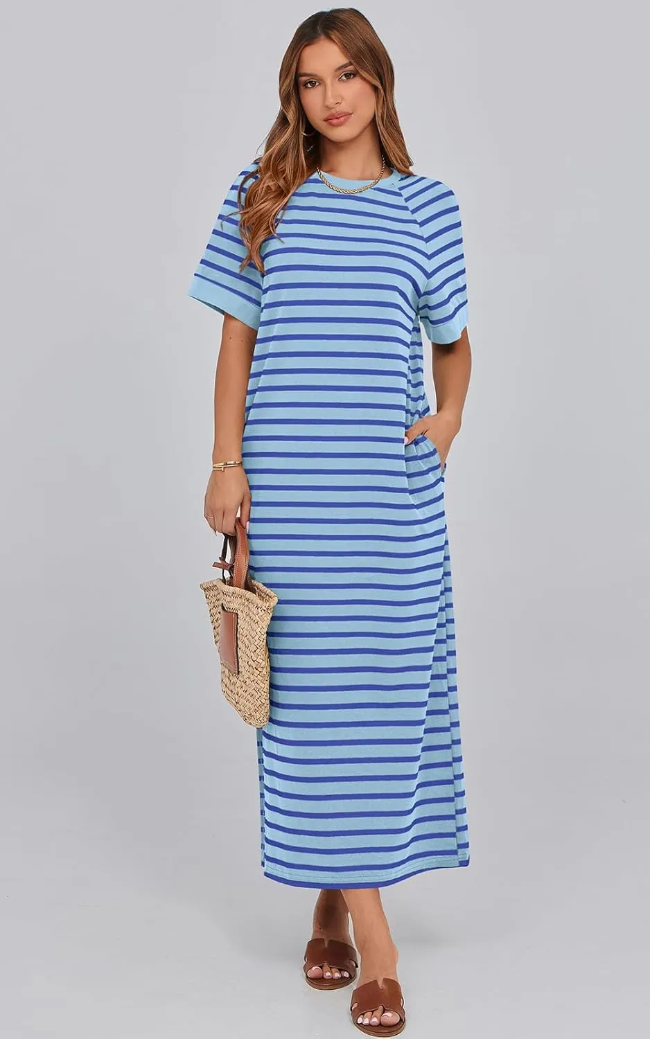 PRETTYGARDEN Women's Summer Casual T Shirt Dresses Short Sleeve Striped Slit Maxi Dress Color Block Long Dress with Pocket