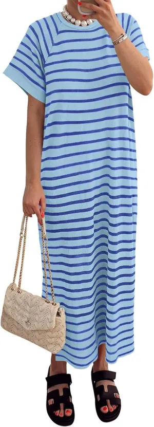PRETTYGARDEN Women's Summer Casual T Shirt Dresses Short Sleeve Striped Slit Maxi Dress Color Block Long Dress with Pocket