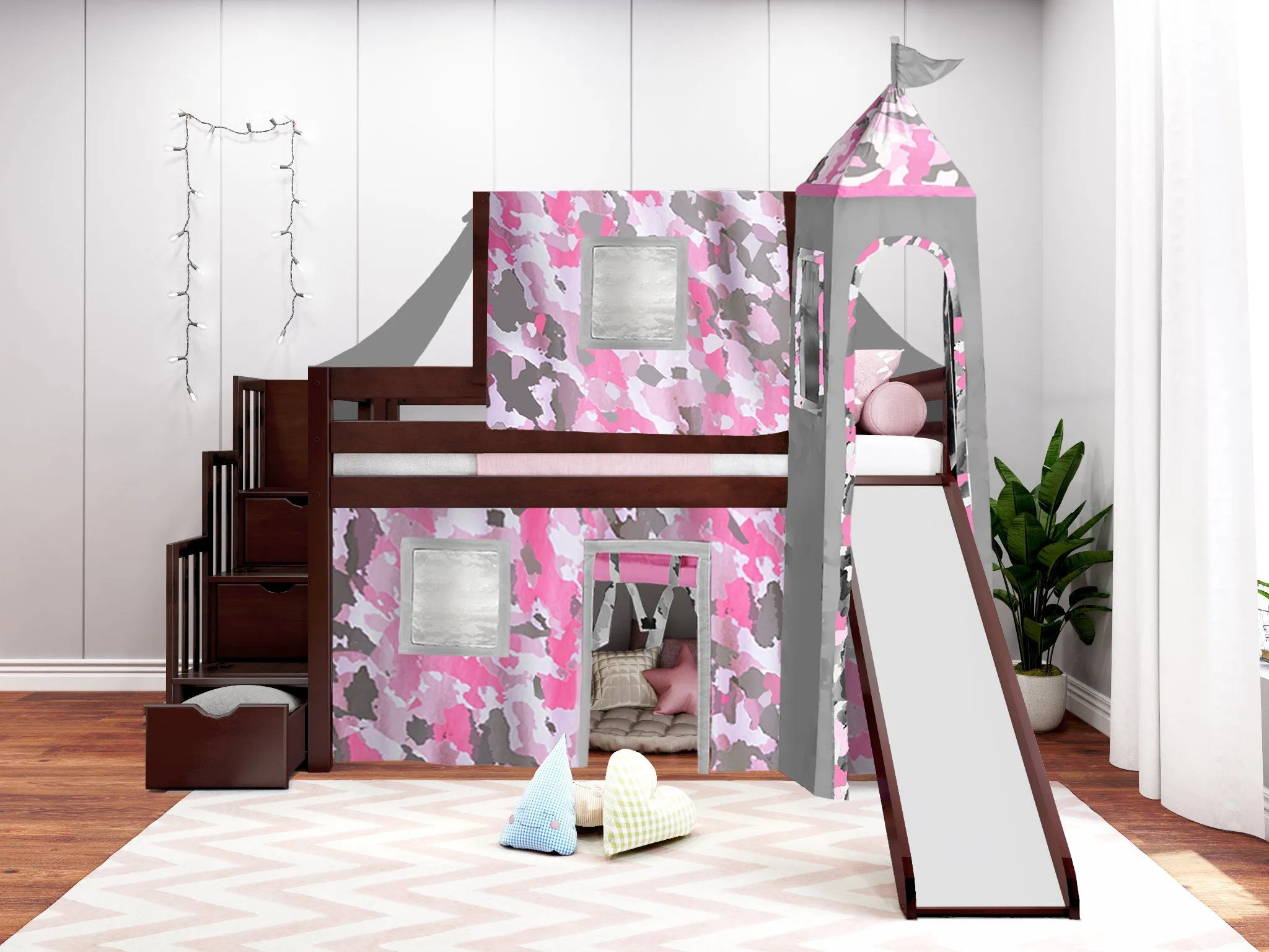 Princess Twin Loft Bed CHERRY, Stairs Slide Pink Camo Tent