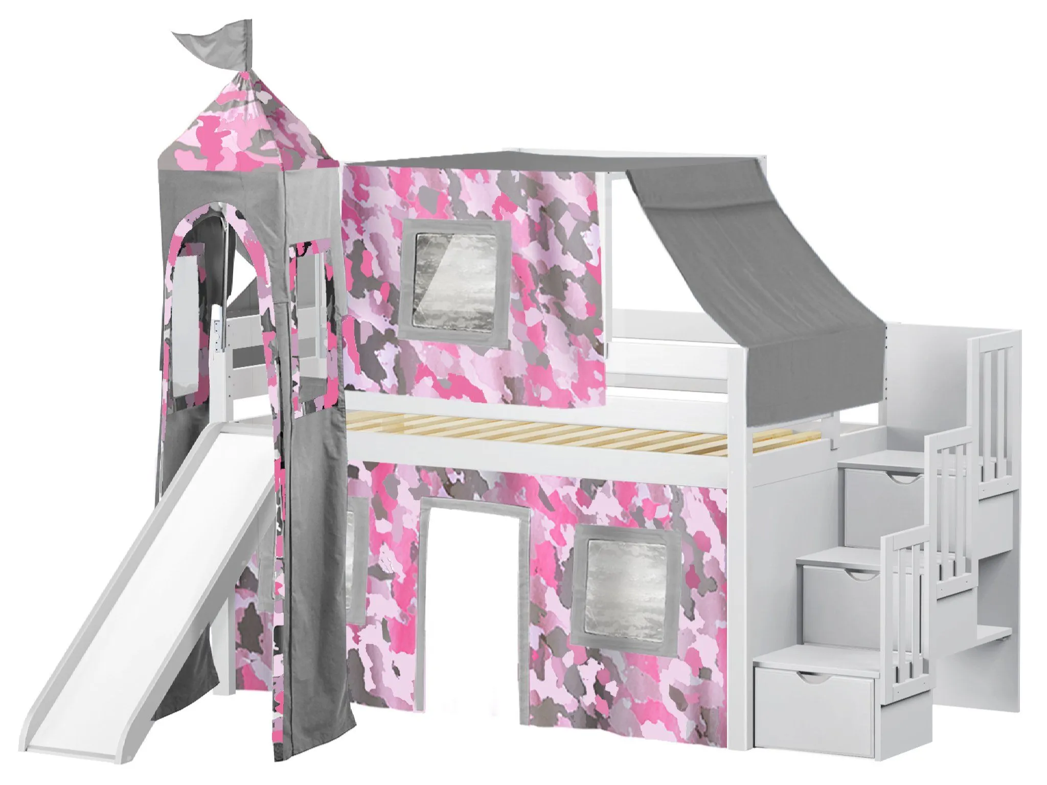 Princess Twin Loft Bed WHITE, Stairs Slide Pink Camo Tent