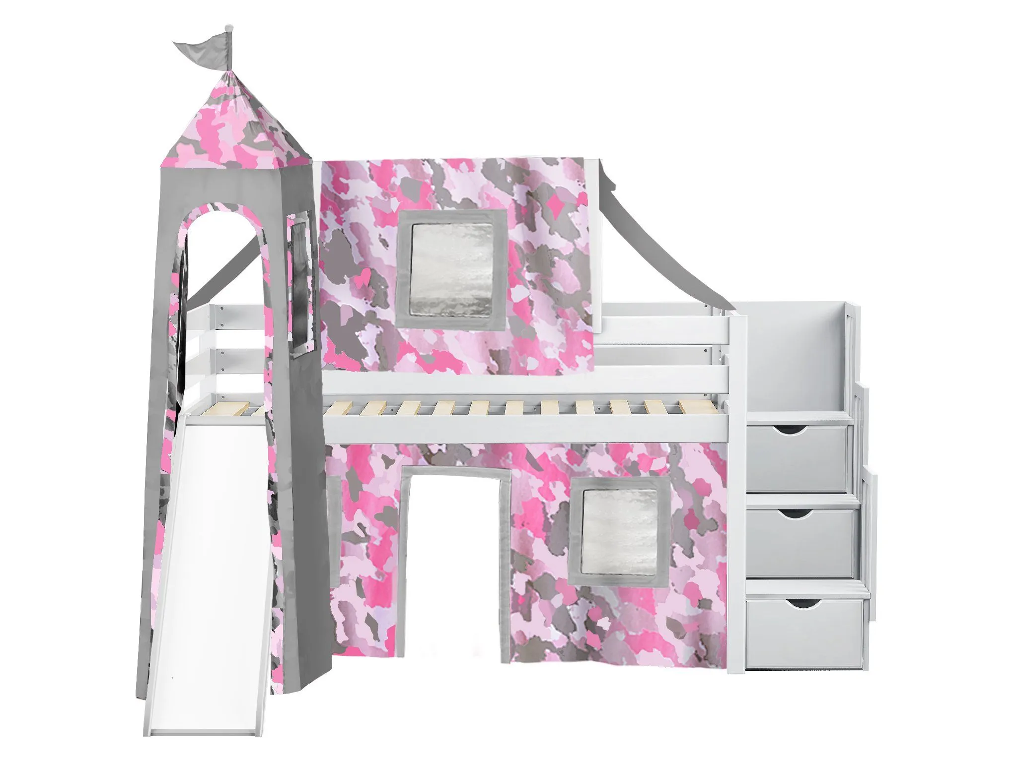 Princess Twin Loft Bed WHITE, Stairs Slide Pink Camo Tent