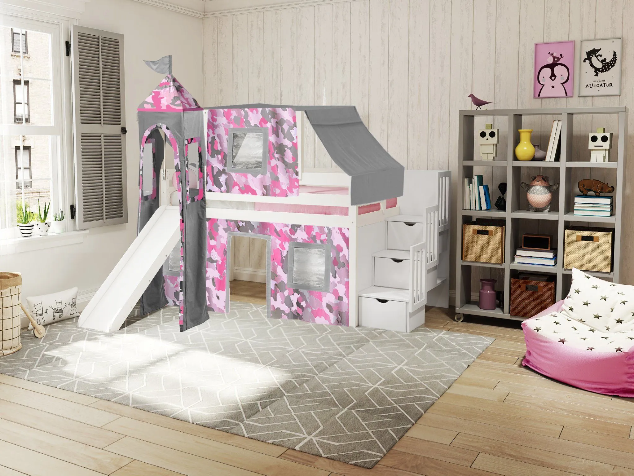 Princess Twin Loft Bed WHITE, Stairs Slide Pink Camo Tent