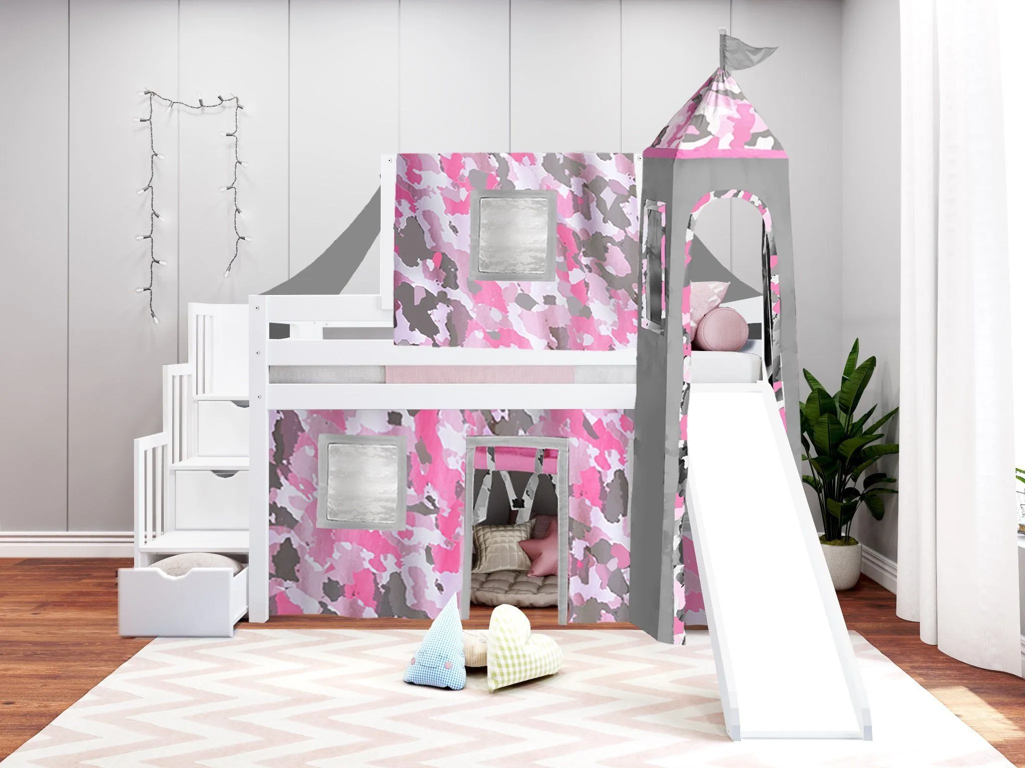 Princess Twin Loft Bed WHITE, Stairs Slide Pink Camo Tent