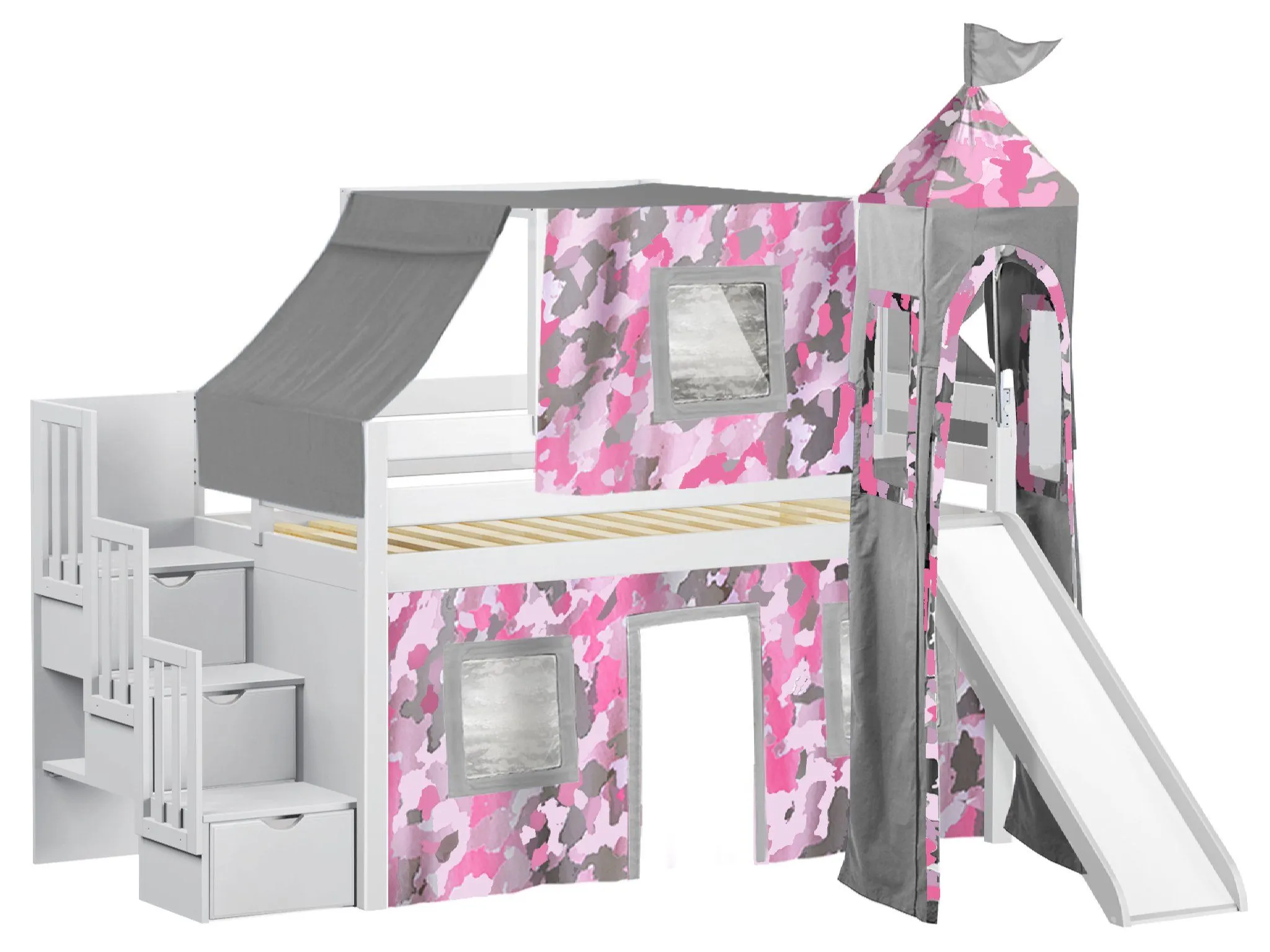 Princess Twin Loft Bed WHITE, Stairs Slide Pink Camo Tent