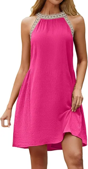 PTOLOCIF Sundresses 2025 Casual Sleeveless Mini Summer Spring Crewneck Tank Loose Beach Dresses Women's Plus Size Summer